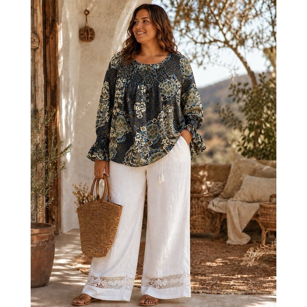 TanZara Womens 1X Boho Paisley Peasant Blouse Blue Smocked Yoke Bell Sleeve QQ17